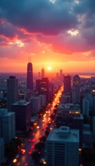 A blurred cityscape at sunset, symbolizing the fleeting nature of time and the promise of tomorrow  Perfect for themes of opportunity, ambition, and the passage of time ,  buildings,  hope