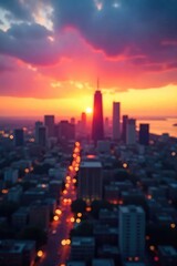A blurred city skyline at sunset, symbolizing the fleeting nature of time and the anticipation of tomorrow  A sense of hopeful progress and potential is implied ,  horizon,  yellow