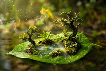 Enchanting miniature moss garden on a leaf, featuring tiny bonsai trees, ferns, and a sparkling pond. A magical, ethereal macro nature scene.