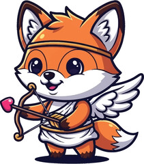 Adorable Cupid fox character aiming a heart arrow with tiny wings and a smile