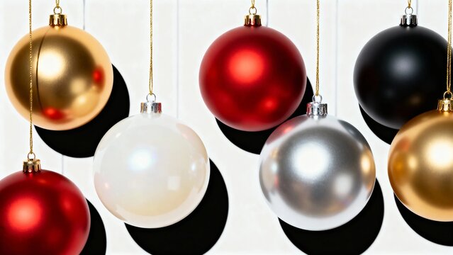 Colorful Christmas ornaments hanging against a white background - Powered by Adobe