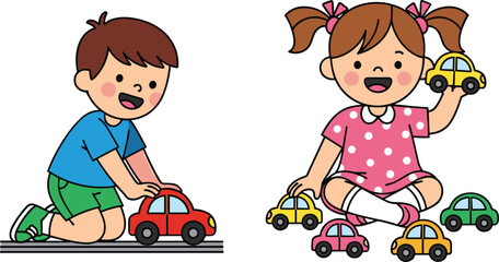 Happy boy and girl playing with colorful toy cars, childhood fun, indoor activity, smiling kids, friendship, imagination, joy, learning, playtime