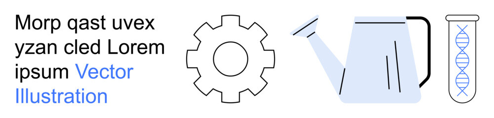 Agriculture, biotechnology, innovation, industrial processes, genetic research, sustainability. Gear, watering can DNA test tube. Agriculture and biotechnology concepts