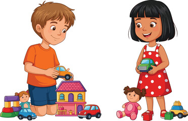 Happy cartoon boy and girl playing with toy cars, dolls, blocks, and house, fun indoor playtime, childhood activity illustration © Selim Creatives