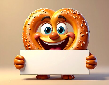 Animated pretzel character happily holding a blank sign (1)
