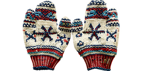 Knitted mittens with colorful geometric patterns are displayed against a white background.