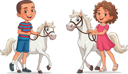 Happy cartoon children walking white ponies, cute boy and girl with horses, horse riding kids, outdoor activity, animal care concept