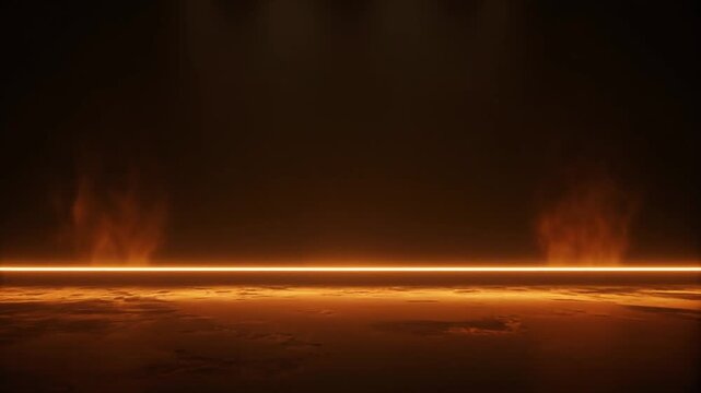 Striking illuminated horizon of intense orange energy, reflecting on a dark, textured floor, with ethereal light plumes ascending into the void, a captivating abstract digital creation