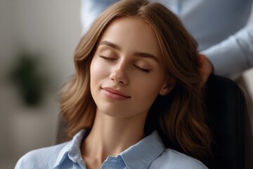 Tranquil young woman enjoys relaxation while receiving a soothing massage in a calm environment during a serene afternoon session