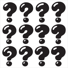 Set of Twelve Glossy Question Mark Icons: Black Vector Symbols for Query, Help, Mystery, and FAQ