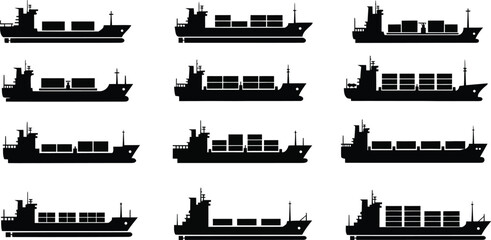 Collection of cargo ship silhouettes on transparent background