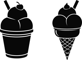 Two ice cream treats a cup and a cone in black silhouette on transparent background