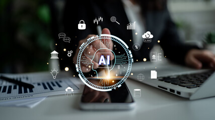 The role of AI in FinTech and modern business. A concept of using artificial intelligence for banking, investment, and data analysis solutions. Motif