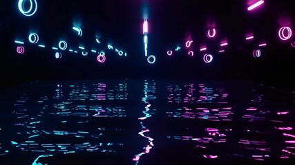 Abstract neon glowing geometric shapes and light trails reflecting on a dark digital surface creating a futuristic technology background - Powered by Adobe