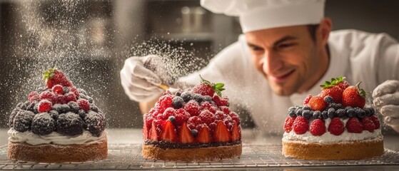 The cakes being dusted with powdered sugar by a smiling pastry chef