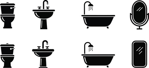Bathroom fixtures icons set including toilet sink tub mirror on transparent background silhouette