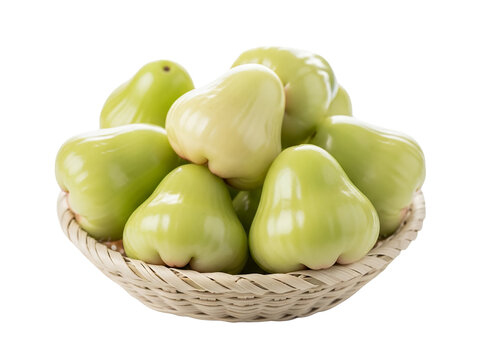 A rose apple green on the woven bowl, white background isolated