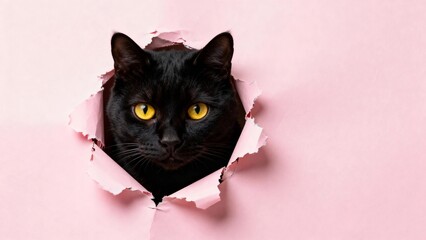 Black cat with yellow eyes peeking through a torn pink paper hole