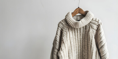 Cozy, cream-colored knit sweater with a high neckline hangs on a wooden hanger.