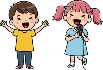 Happy kids singing, cartoon boy and girl, microphone fun, joyful children performing, kids stage show, musical moment, fun expression, celebration