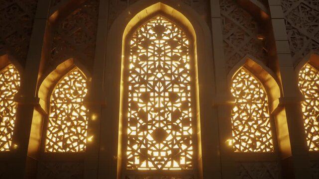 Sunlight illuminating intricate Islamic geometric patterns on traditional mosque windows, creating a stunning display of cultural architecture and ornate design