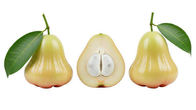A cut half and whole green rose apple, white background isolated
