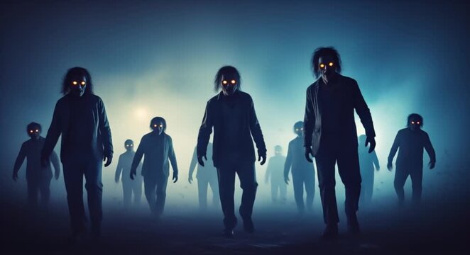 Eerie horde of glowing eyed figures emerges from foggy darkness.