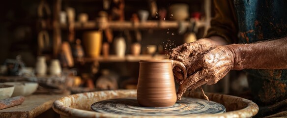 The clay pot being formed on a spinning pottery wheel by artisan hands