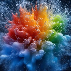 Obraz premium Vibrant explosion of colors in water. A kaleidoscope of swirling hues erupts in a dynamic underwater display. 
