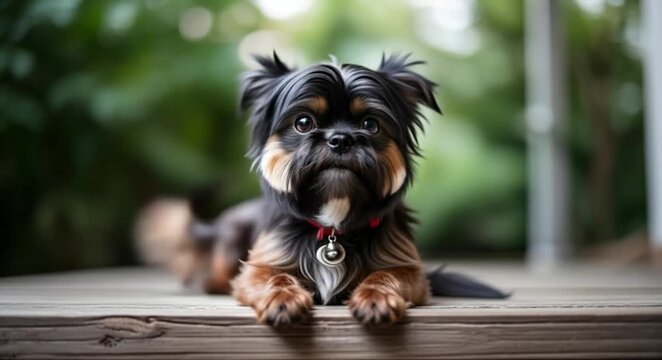 Adorable small dog with expressive eyes resting on wooden porch outdoors