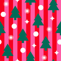 Geometric pine tree, dot and star with red striped seamless pattern design for Christmas and new year background.