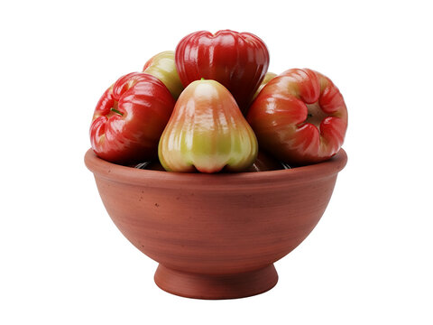 Fresh rose apple on a clay bowl, white background isolated