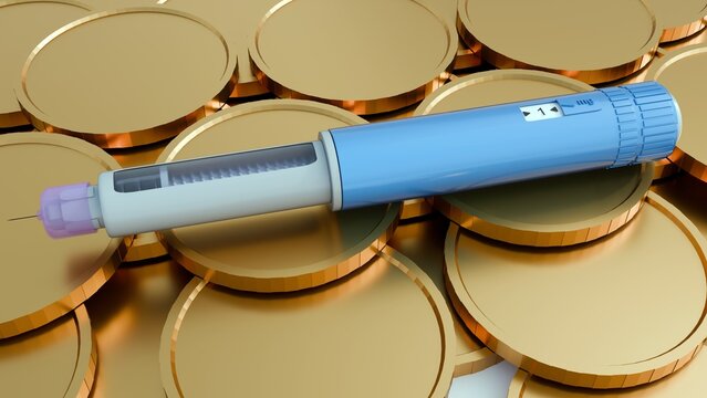 A 3D rendered GLP-1 injector, prescribed for type 2 diabetes and weight management, rests on gold currency, highlighting the drug's financial cost.
