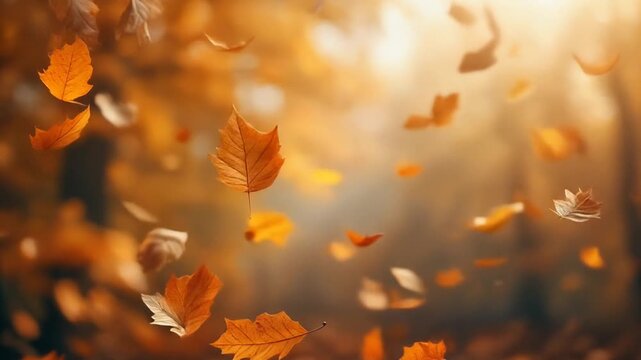 Vibrant autumn leaves descending gracefully in a sun-dappled woodland, capturing the essence of the fall season's tranquil beauty and natural cycle