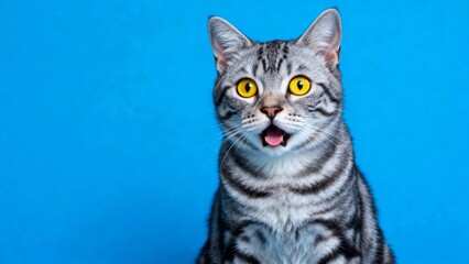 A surprised tabby cat with wide yellow eyes and an open mouth against a solid blue background