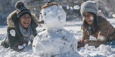 Joyful friends building a snowman and having a snowball fight outdoors.
