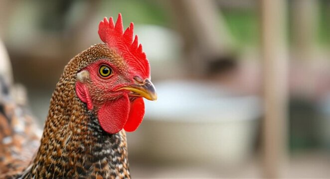 Close-up portrait of a curious hen with vibrant red comb and speckled feathers in a rural setting.