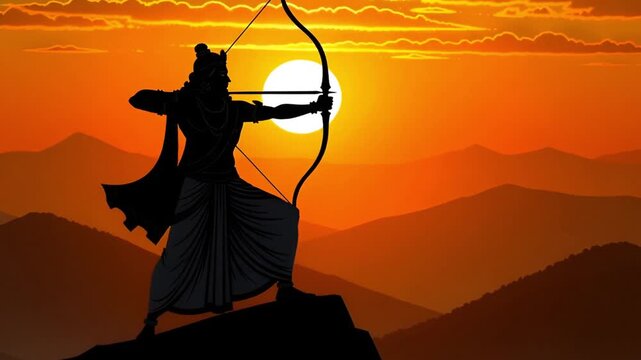 Silhouette of lord rama aiming his bow and arrow against a vibrant orange sunset over layered mountains