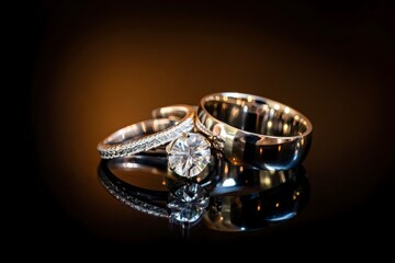 Elegant Diamond Engagement Ring and Wedding Band on Reflective Surface