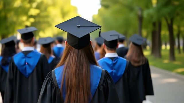 Graduates in caps and gowns walk together outdoors, celebrating achievement and future success.