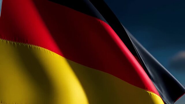 Closeup of the german flag waving against a dark blue sky with dramatic lighting