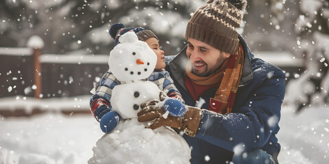 Father and son enjoy building a snowman in a winter wonderland.