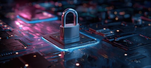 The Padlock on a Circuit Board Representing Digital Security and Data Protection