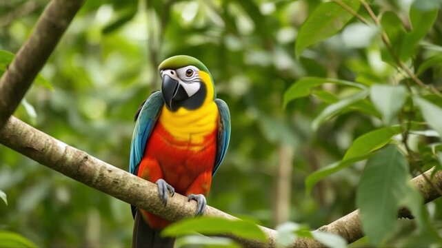 Vibrant macaw perched on a tree branch in lush green jungle foliage
