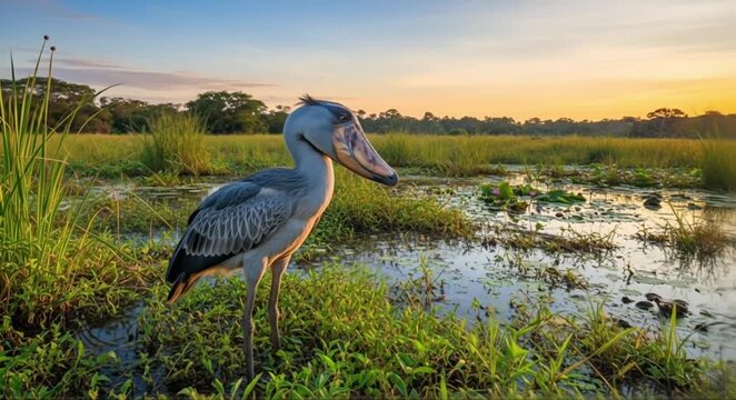 Majestic shoebill stork stands alert in a serene wetland at sunrise, its unique beak catching the golden light.
