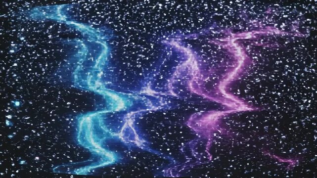 Abstract retro television screen displaying blue and purple lightning strikes over a glitchy, staticfilled ocean horizon at night