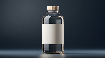 Studio photograph of a glass bottle with an empty label, on isolated black background.