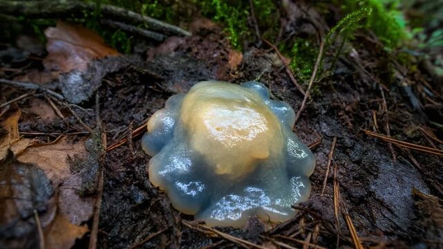 Timelapse Of Slime Mold Growing And Moving Across Forest Floor, Organism Intelligence, Nature Myster