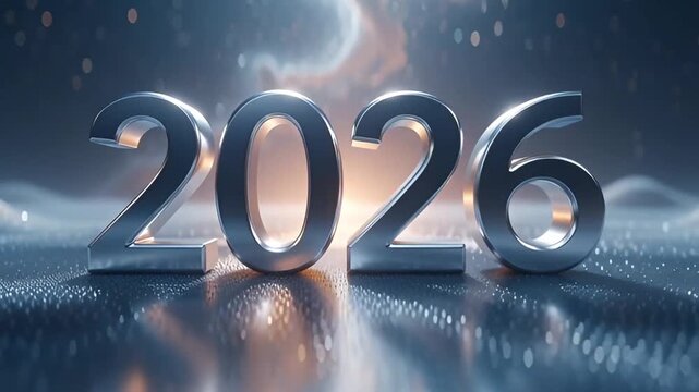 Metallic silver 3D rendering of the year 2026 set against a futuristic digital background symbolizing new beginnings and future technology