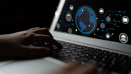 A global business network and digital infrastructure concept. A worldwide connection of services including data, finance, and secure communication. Motif